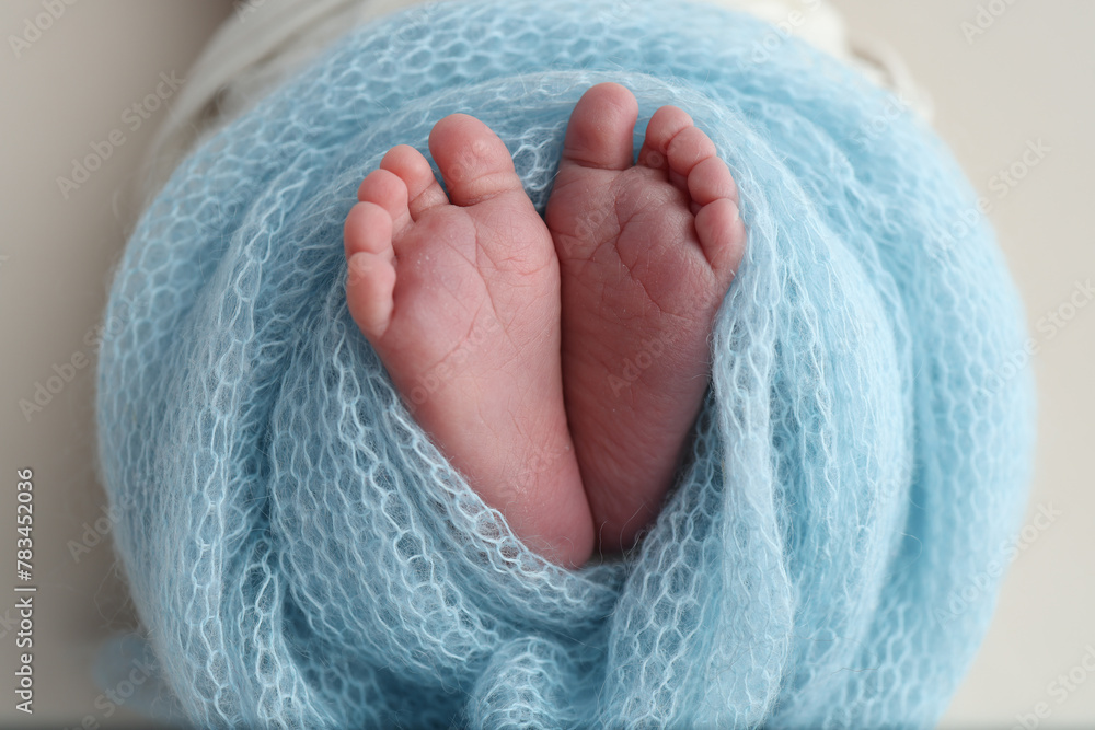 The tiny foot of a newborn baby. Soft feet of a new born in a blue wool blanket. Close up of toes, heels and feet of a newborn. Macro photography. The tiny foot of a newborn baby. Soft feet of a new born in a blue wool blanket. Close up of toes, heels and feet of a newborn. Macro photography.