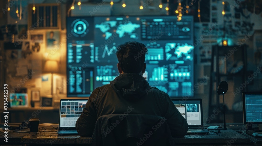 A financial and investment professional looks at a computer screen while in the network operations center they examine stock market charts and monitor network traffic.