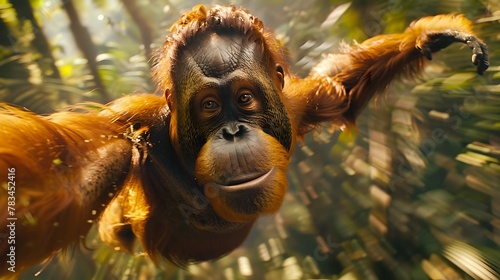 Majestic Orangutan Swinging Through Autumn Leaves in the Tropical Rainforest photo