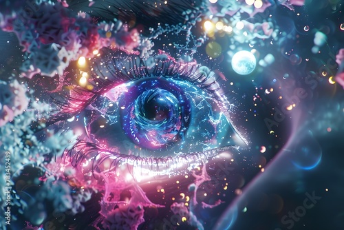 A colorful eye with a purple iris and a blue pupil. The eye is surrounded by a swirl of light and color, giving it a dreamy, otherworldly appearance