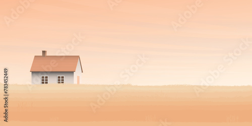 Wheat field with country house and vanilla sky background vector illustration have blank space. Countryside with gold colors grain nature and sunset background . Autumn agriculture landscape.