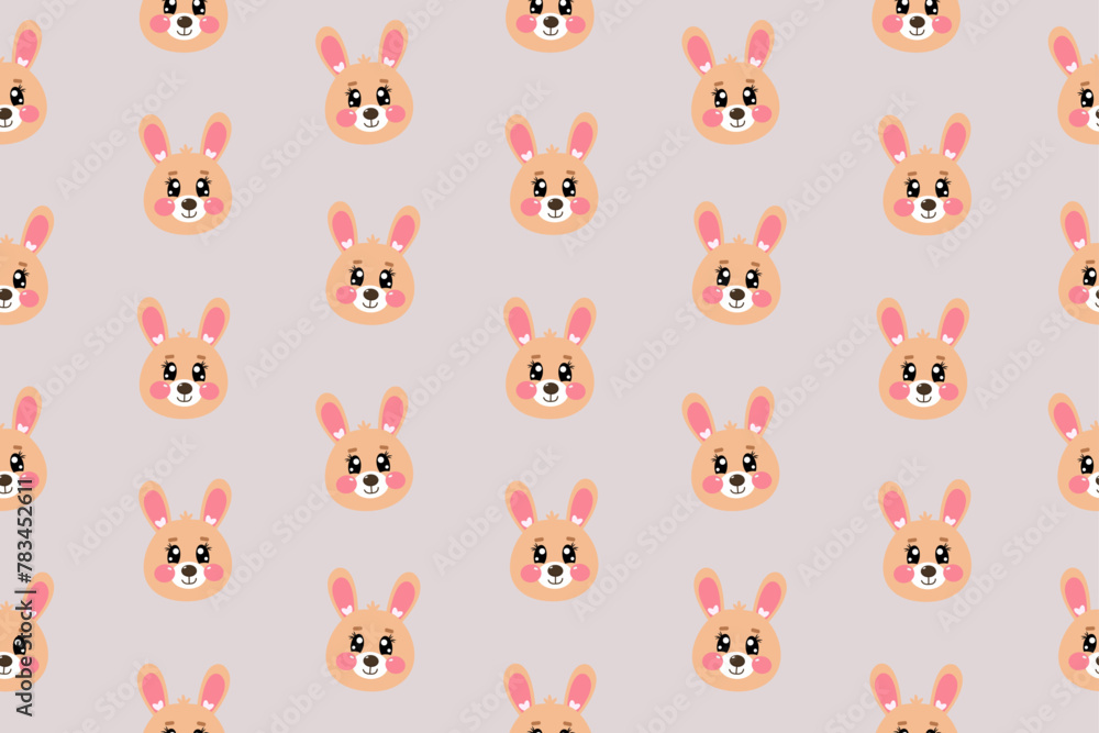 Fototapeta premium Seamless pattern with kawaii cute happy sweet face, head of bunny, rabbit face for children isolated on beige background. Vector illustration for baby, kids 