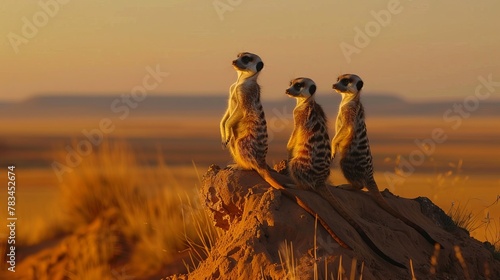 Group of meerkats standing on top of a hill at sunset