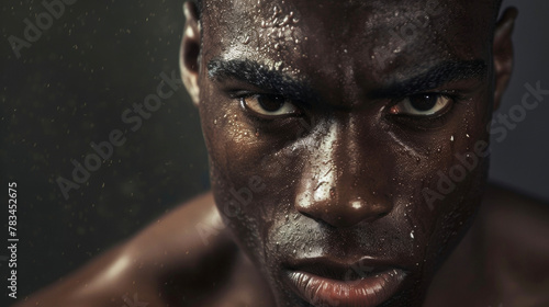 A closeup portrait of a determined black man his intense gaze conveying the ecstasy of achieving his goals. His sharp features and confident stance show the determination and hard .