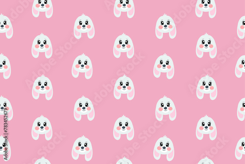 Seamless pattern with kawaii cute happy sweet face, head of bunny, hare, rabbit face for children, kids, baby isolated on pink background  © Olga Voron