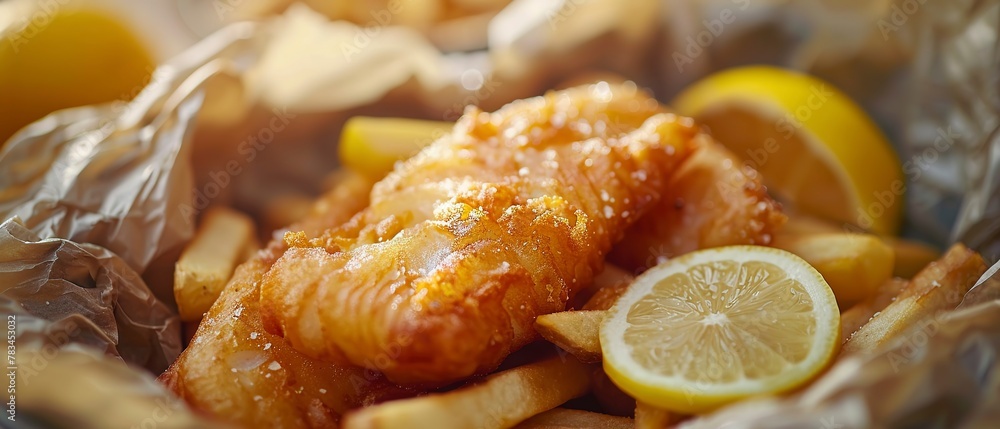 Fish and chips, newspaper wrap, close shot, lemon slice, bright ...