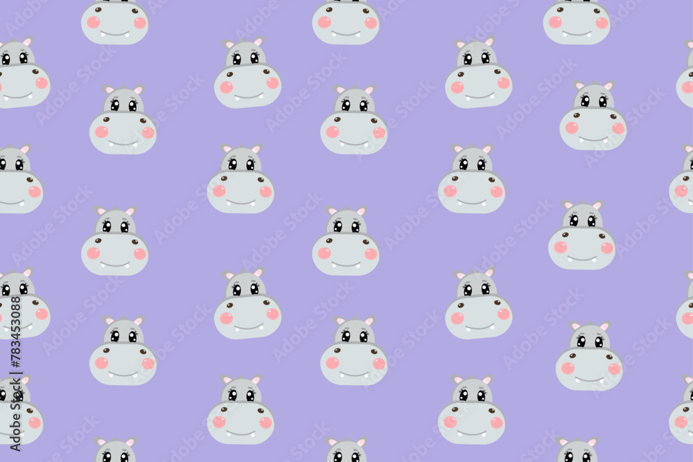 Seamless pattern with lovely kawaii head of hippopotamus, cutie grey hippo. Cute vector wallpaper for nursery, print or textile for kids on purple background Seamless pattern with lovely kawaii head of hippopotamus, cutie grey hippo. Cute vector wallpaper for nursery, print or textile for kids on purple background