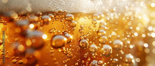 Craft beer, glass, close focus, golden amber, bubbles rising, soft bar light