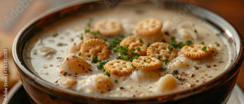 Clam chowder, close-up, oyster crackers on top, steam visible, cozy kitchen setting, rich texture