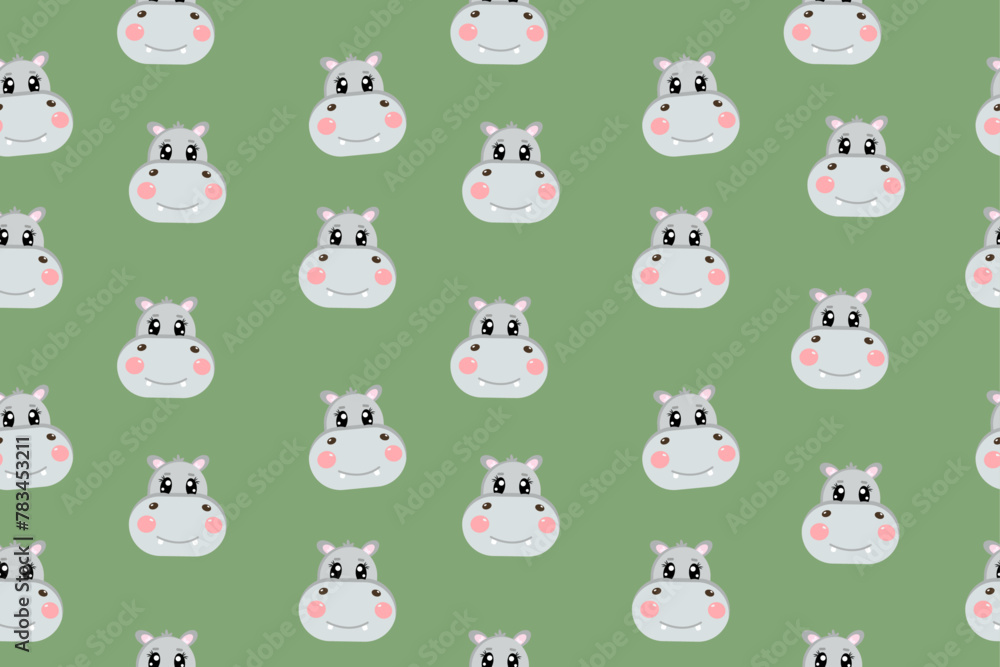 Seamless pattern with lovely kawaii head of hippopotamus, cutie grey hippo Seamless pattern with lovely kawaii head of hippopotamus, cutie grey hippo