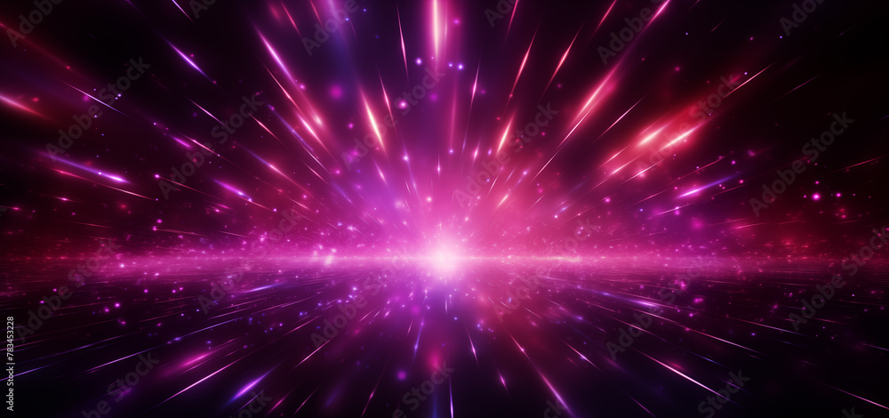 Fototapeta premium abstract background with pink light rays and lens flare on black,