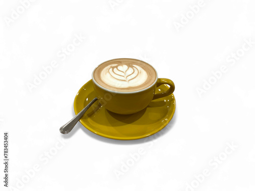 latte coffee in a yellow cup isolated white background