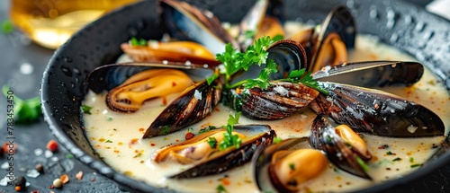 Mussels in white wine sauce, close focus, parsley garnish, warm light, open shells detailed