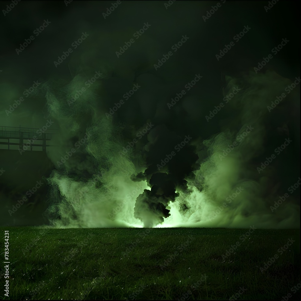 Fototapeta premium Dark night scene in a grassy stadium, filled with a thick, green, light-emitting cloud of suspicious-smelling smoke, resembling a toxic, black fog.