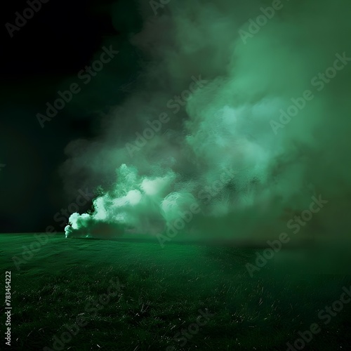 Dark night scene in a grassy stadium, filled with a thick, green, light-emitting cloud of suspicious-smelling smoke, resembling a toxic, black fog.