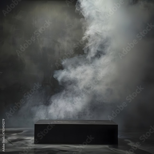 Dark, dramatic scene of a black podium on a textured stage with a smoky, foggy background in an empty, concrete-walled room.