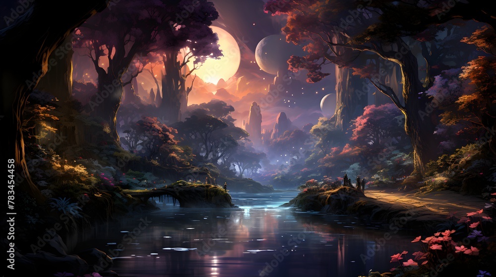 A fantasy landscape with cascading waters set against a blue and pink gradient, sparkling with a glossy finish, and illuminated by global illumination to achieve realistic depth and beauty