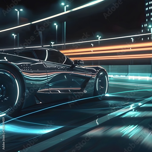 A modern, futuristic car in motion at night, with light trails and motion blur, creating an energetic and dynamic transportation scene. © Hasanul