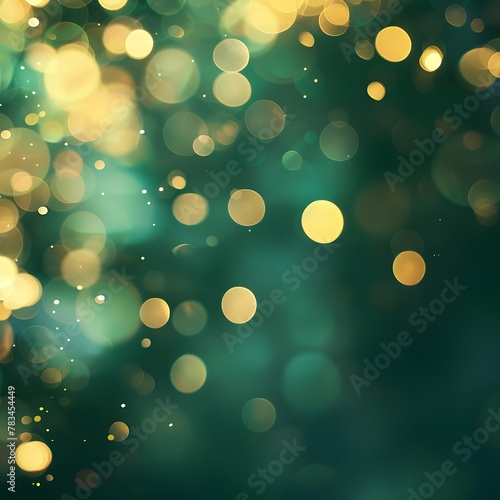 Abstract blurred banner background with defocused emerald green backdrop and gold bokeh elements.