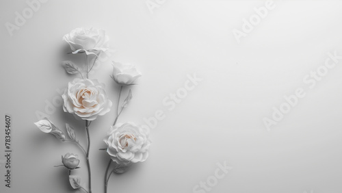 White roses on white background with copy space. Flat lay style.