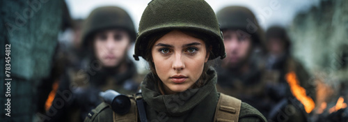 young adult woman is in the military is a soldier with uniform and helmet, army and federal armed forces, ready to fight or basic training in the military photo