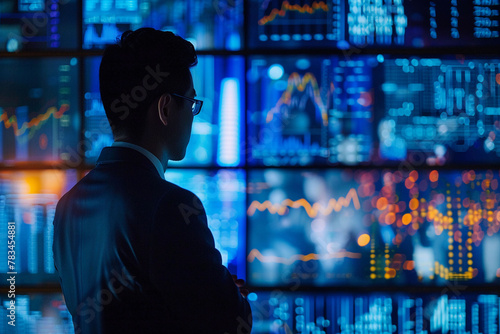Financial expert analyzing screen monitors of big data  charts and graphs  stock market  advanced analytics  business finance analytic concept  defocused background  bokeh effect