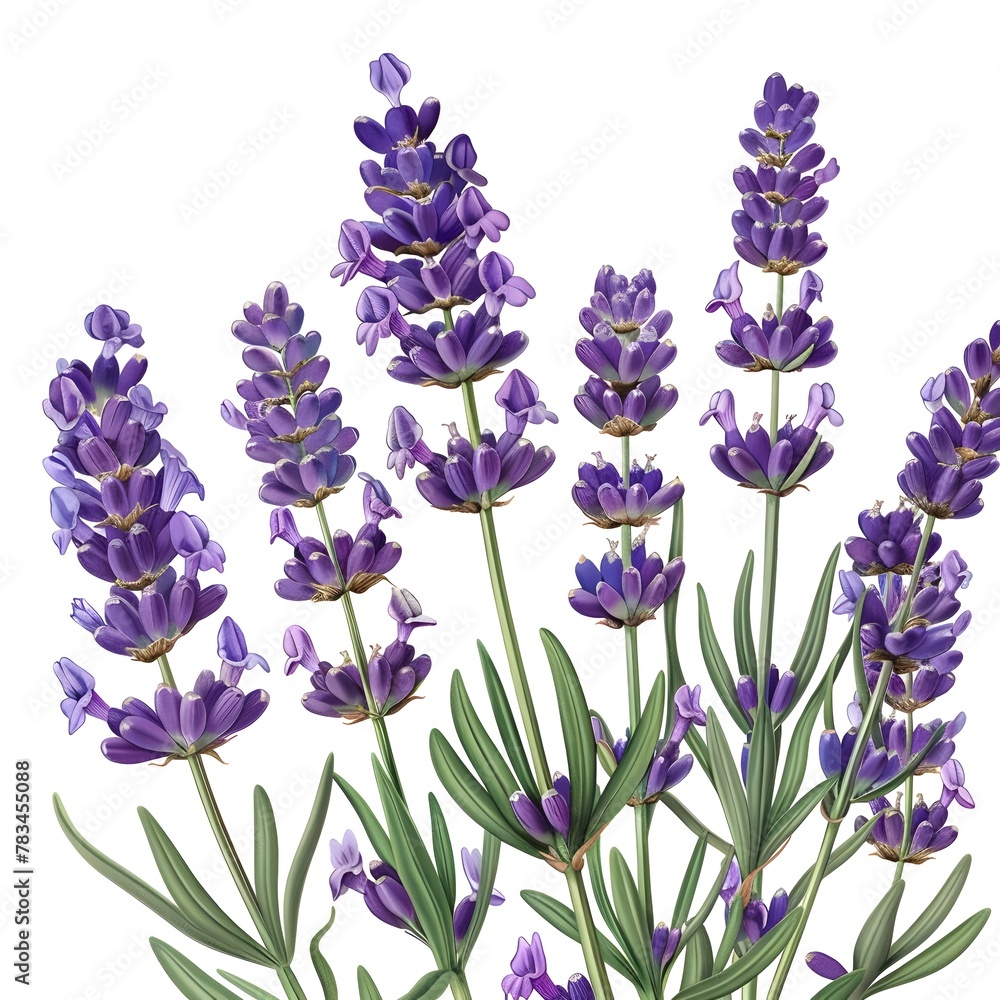 Naklejka premium Close-up illustration of a lavender plant in full bloom, showcasing the vibrant purple flowers and bright green foliage against a white background.