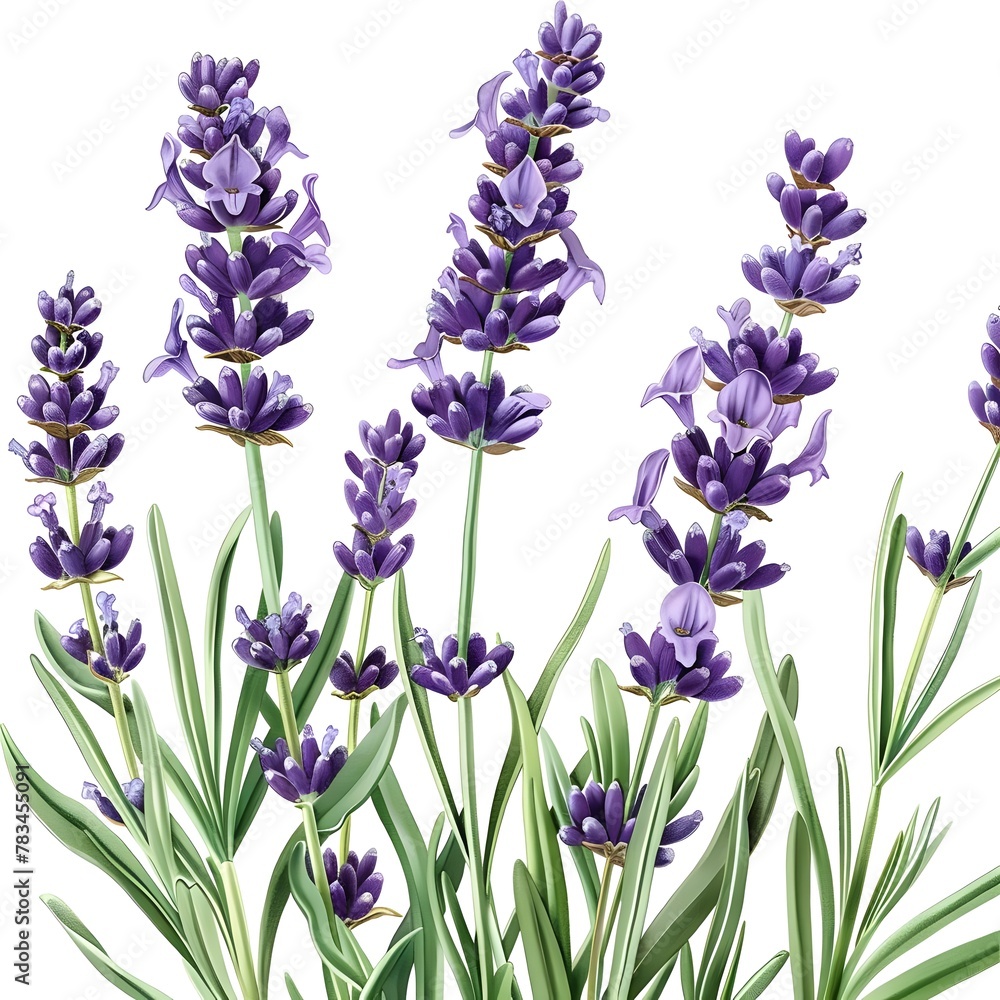 Fototapeta premium Close-up illustration of a lavender plant in full bloom, showcasing the vibrant purple flowers and bright green foliage against a white background.