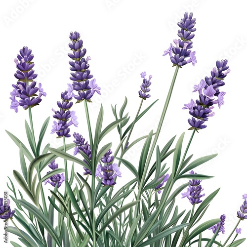 Close-up illustration of a lavender plant in full bloom  showcasing the vibrant purple flowers and bright green foliage against a white background.