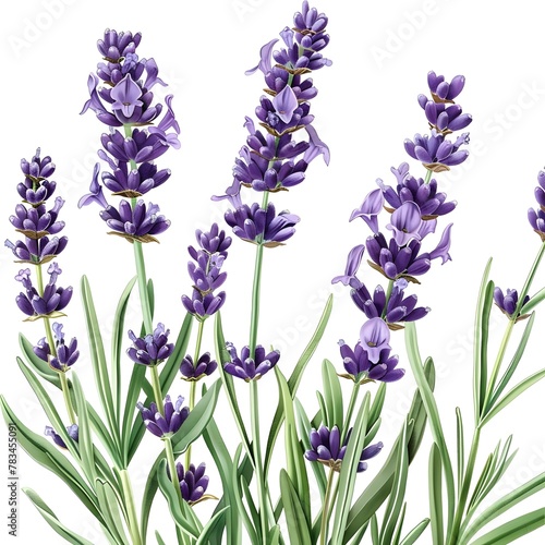 Close-up illustration of a lavender plant in full bloom  showcasing the vibrant purple flowers and bright green foliage against a white background.