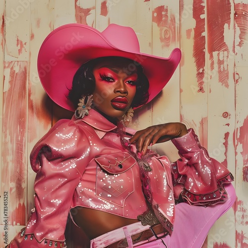 Stylized portrait of a Black drag queen in rosy cowboy attire, exuding queer, LGBT glamour with a campy, minimalist flair.