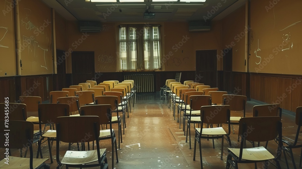 An empty classroom in a university setting with chairs arranged to accommodate social distancing, reflecting the new normal in response to the COVID-19 pandemic.