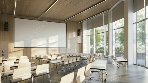 A modern classroom interior featuring a whiteboard and movable tables and chairs arranged in a theater-style setting. photo