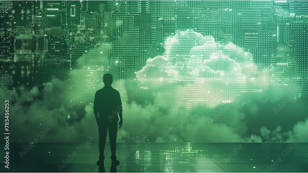 Silhouette of man standing in front of digital cloud made from circuit board in green color and the style of technology concept Silhouette of man standing in front of digital cloud made from circuit board in green color and the style of technology concept