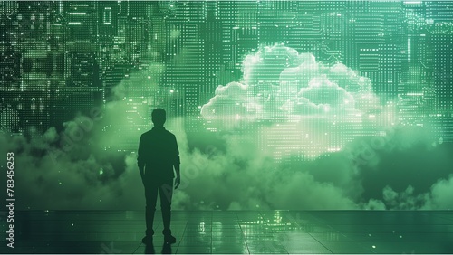Silhouette of man standing in front of digital cloud made from circuit board in green color and the style of technology concept