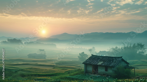 As the sun rises, its rays illuminate terraced rice fields filled and morning mist with a small Chinese farmhouse, creating a dreamlike landscape in the countryside.