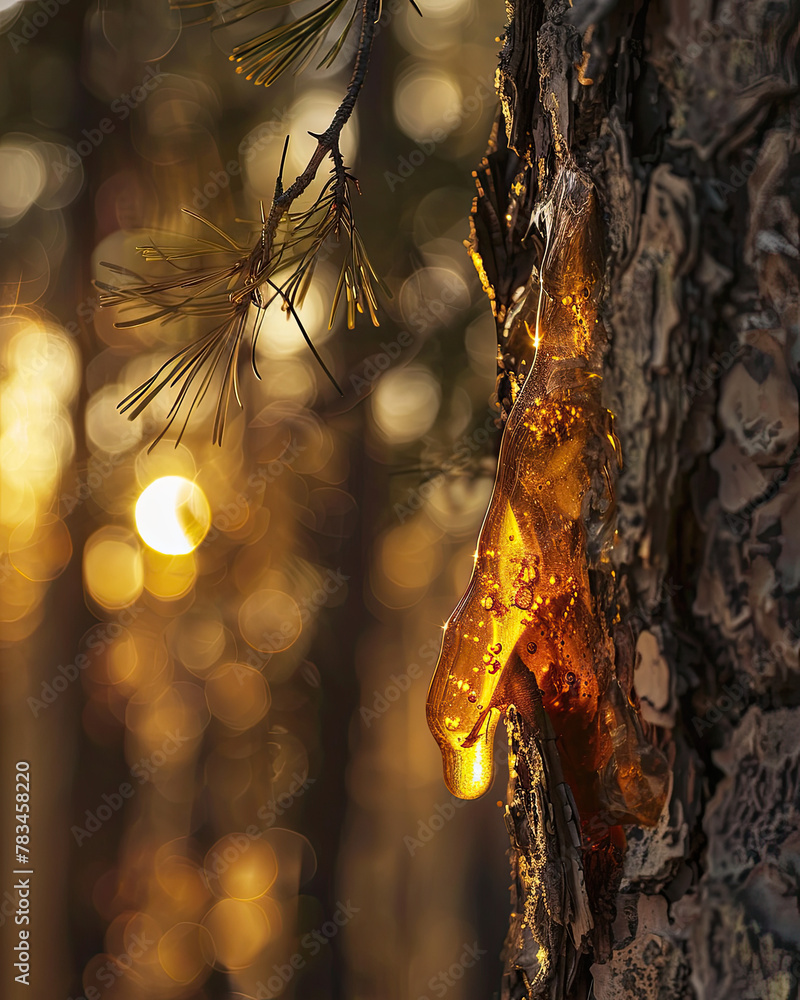Sun-kissed pine sap drips down the textured bark, glistening amid soft rays and pine needles.