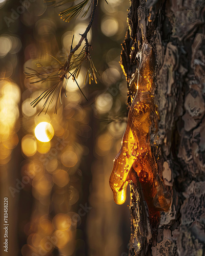 Obraz na płótnie Sun-kissed pine sap drips down the textured bark, glistening amid soft rays and pine needles. w salonie