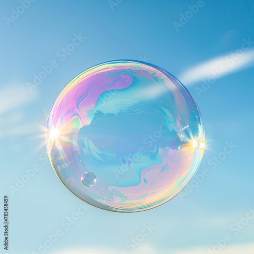 A large iridescent bubble floats in the sky.