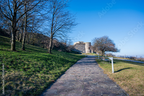 Stone path on the lawn near Devin Castle in Bratislava.