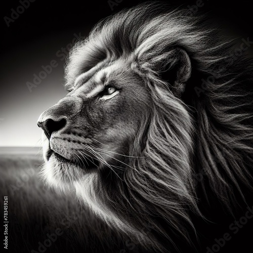 Portrait of a lion on a dark background. Black and white.  