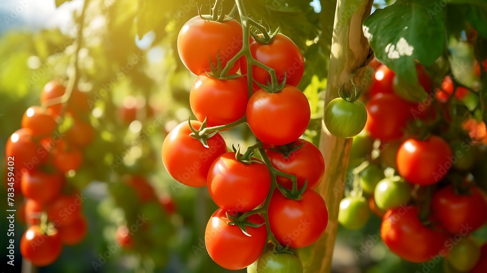 Ripe red tomatoes growing in a greenhouse on a sunny day