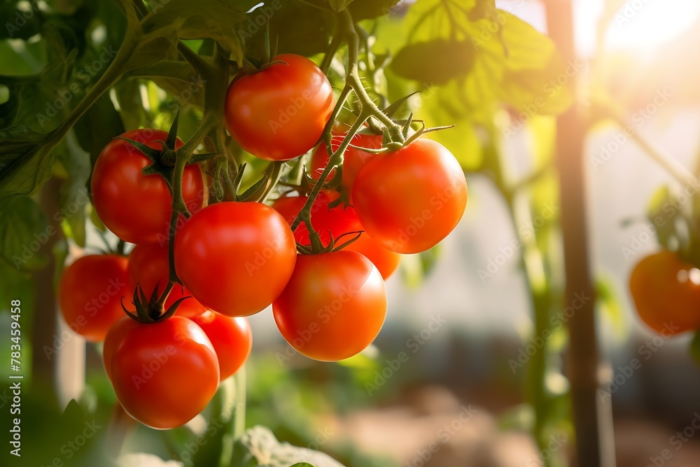 Ripe red tomatoes growing in a greenhouse on a sunny day