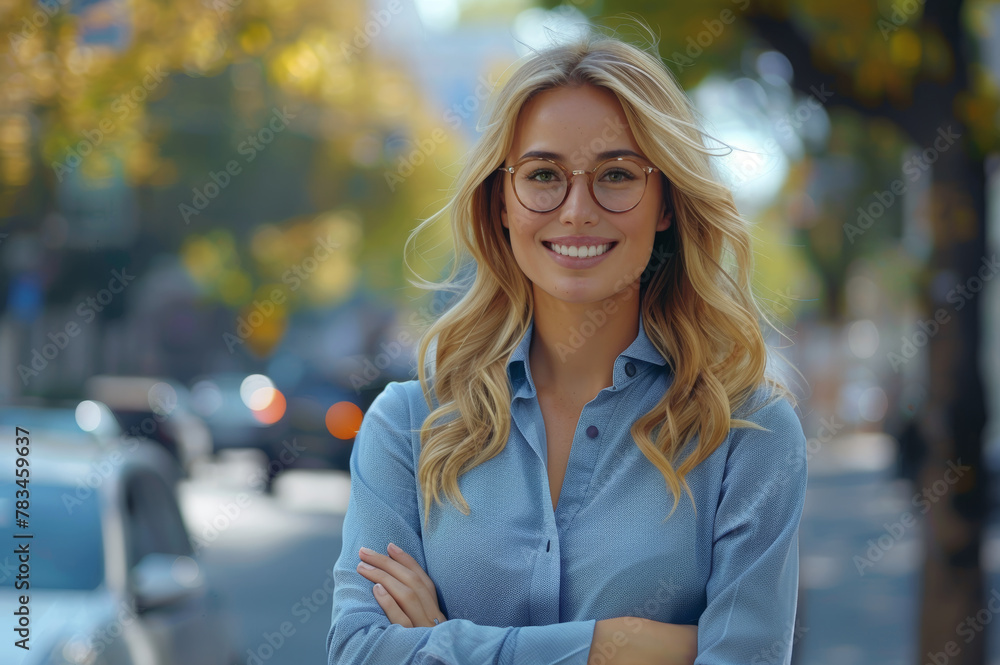 A woman with long blonde hair and glasses is smiling for the camera. She is wearing a blue shirt and is standing on a street