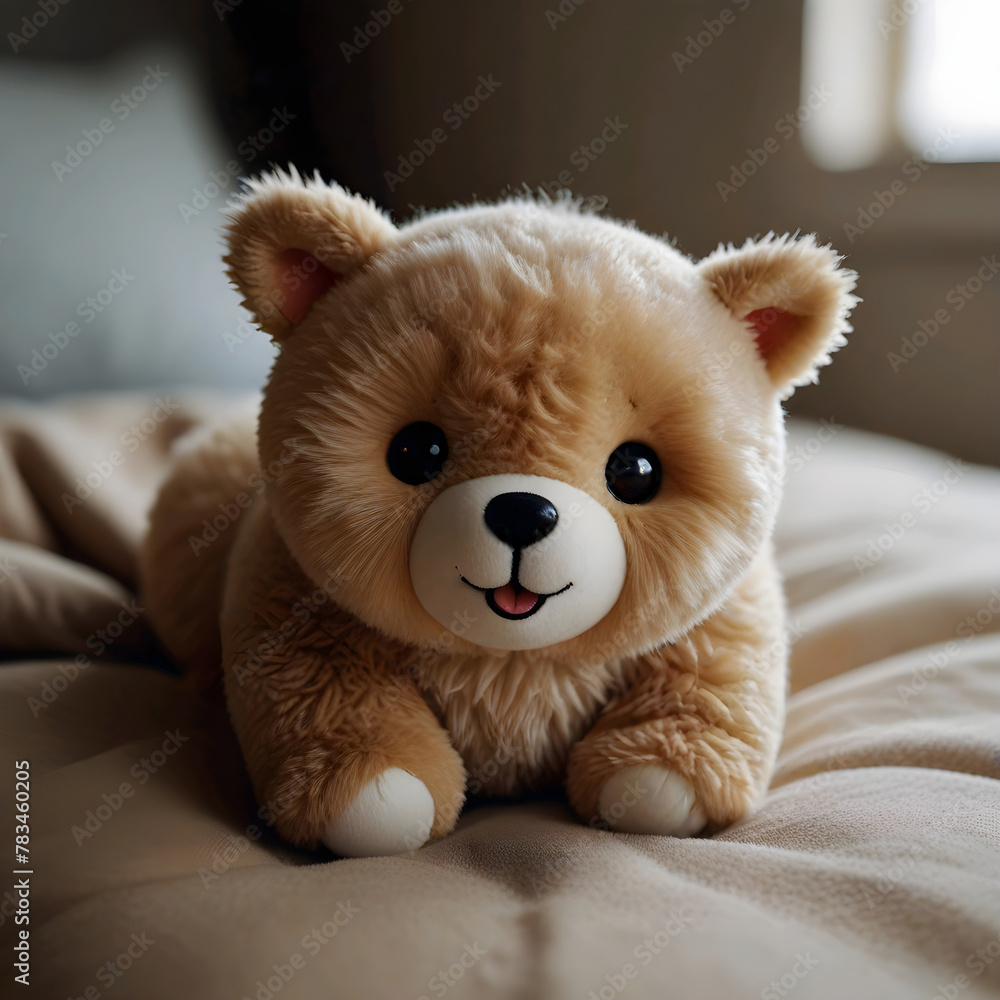 Oso de peluche marrón alegre sobre una cama Oso de peluche marrón alegre sobre una cama