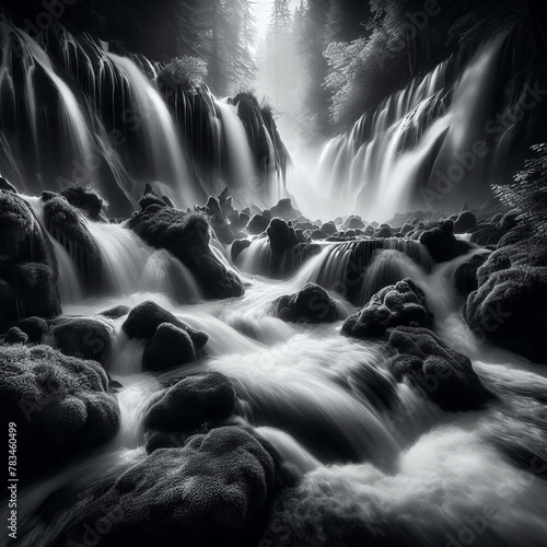 Beautiful waterfall in the forest. Black and white photo. Long exposure 