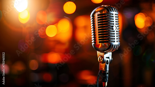 A microphone is on a table in front of a blurry background. The microphone is silver and has a black knob on the top