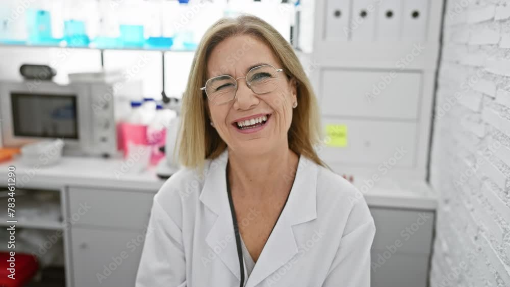 Cheerful middle-aged blonde woman scientist winking at the camera. a sexy sparkle in her eye, her happy face radiating joy in the lab. Cheerful middle-aged blonde woman scientist winking at the camera. a sexy sparkle in her eye, her happy face radiating joy in the lab.