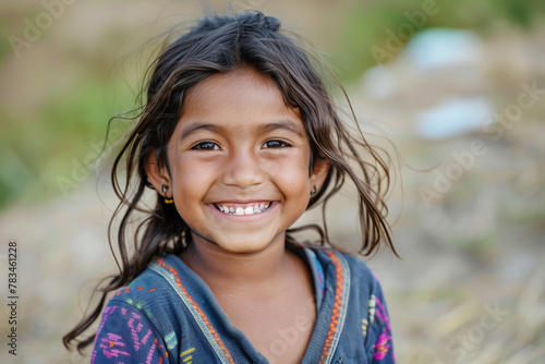 Nepalese girl smiling in copy-space, joyful child’s portrait capturing the essence of childhood happiness in Nepal, Asia photo