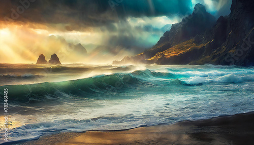 Dramatic seascape with waves, cliffs, and a sunset through stormy clouds. Generative Ai